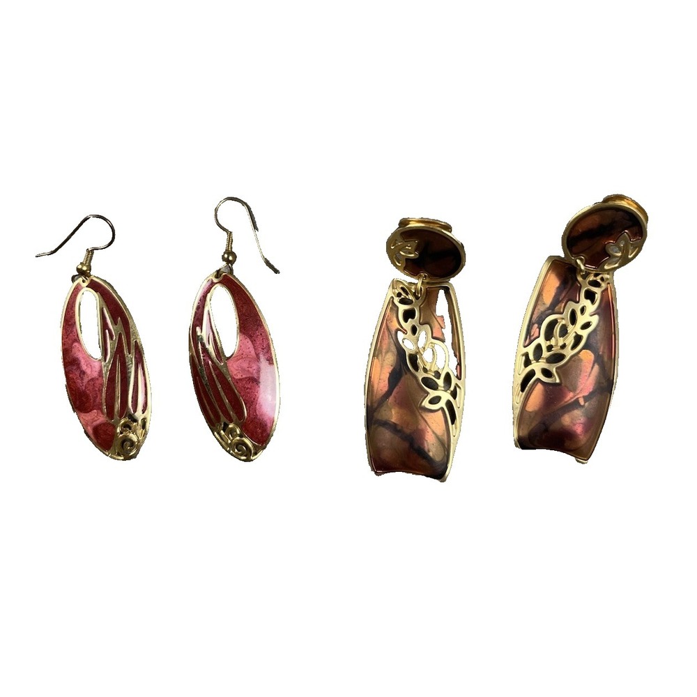 VTG Edgar Berebi Dangle Earrings Pierced gold pink & Clip brown gold Art Nouveau